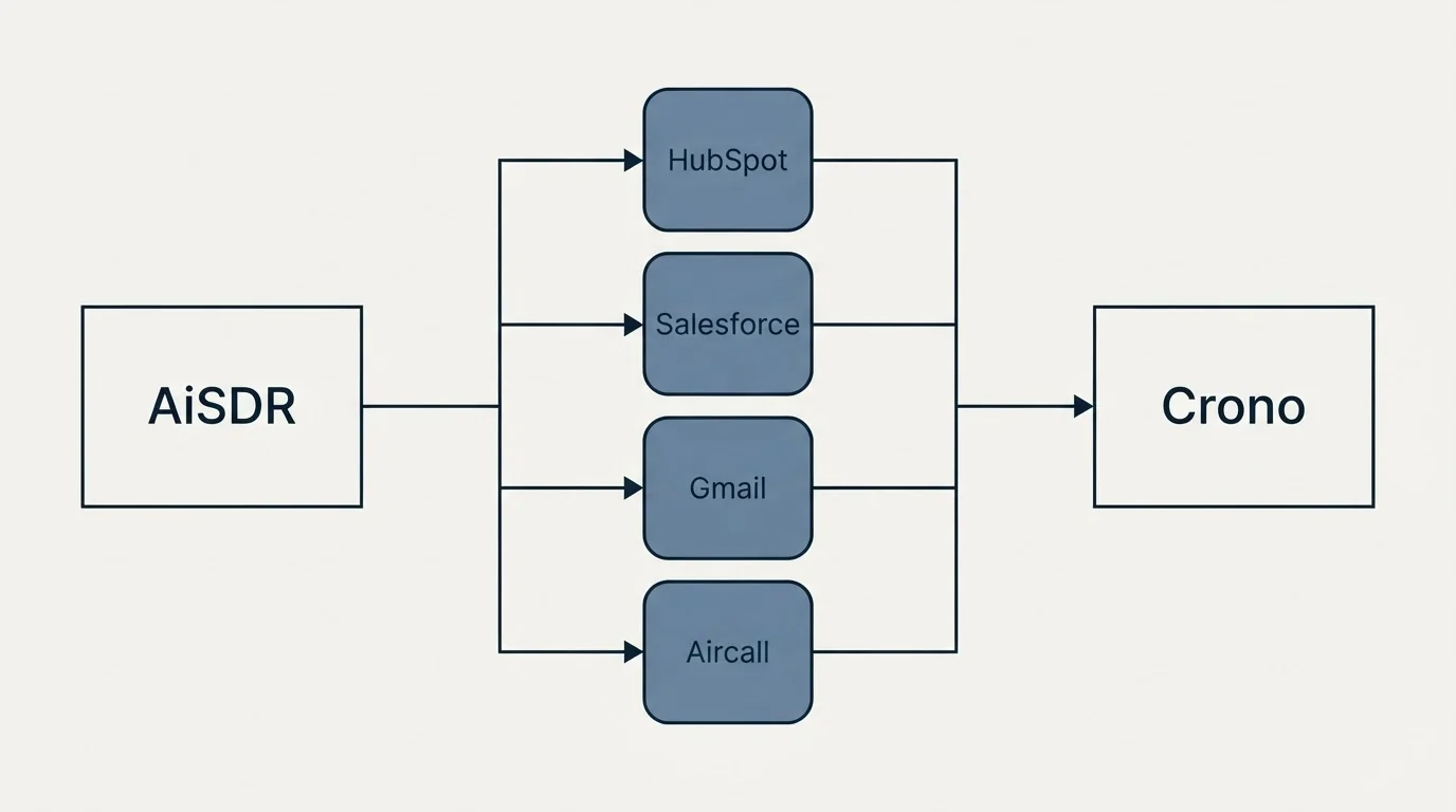 Integration flow: Integration Ecosystem (AiSDR, Crono, HubSpot, Salesforce)