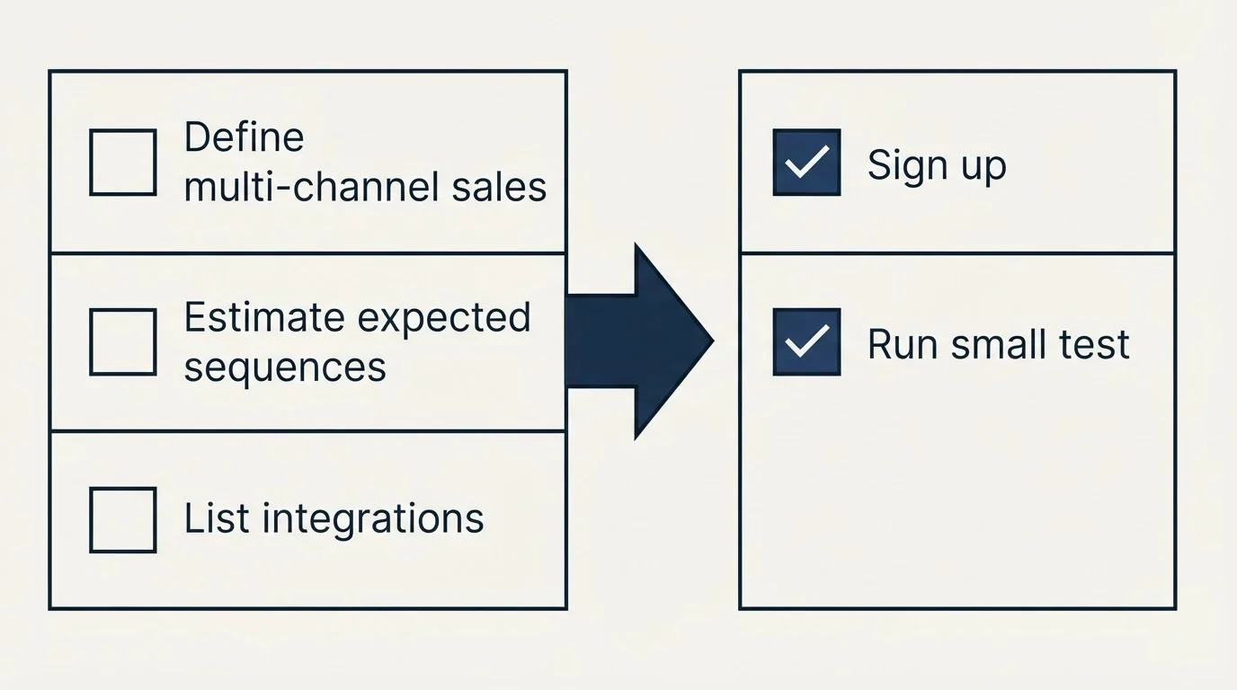 Before-and-after steps: Getting Started Checklist (Define multi-channel sales, Estimate expected sequences, List integrations, Sign up)