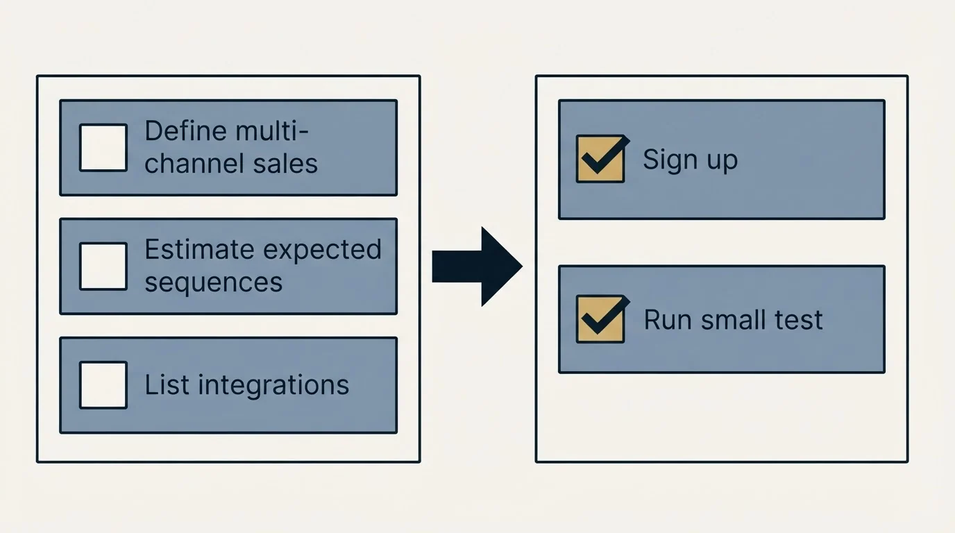 Before-and-after steps: Getting Started Checklist (Define multi-channel sales, Estimate expected sequences, List integrations, Sign up)