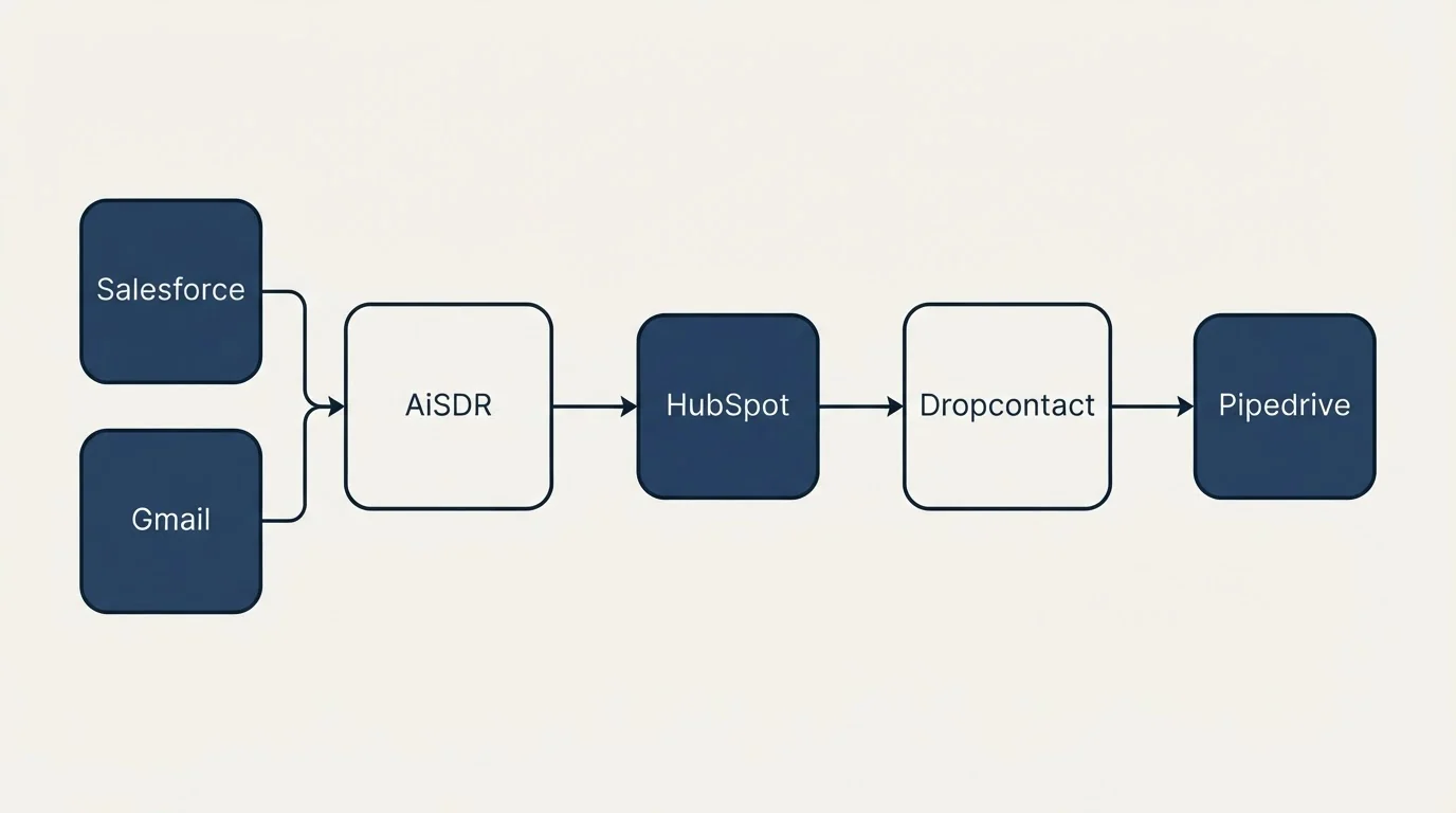 Integration schematic: Integration Ecosystem (AiSDR, Dropcontact, HubSpot, Salesforce)