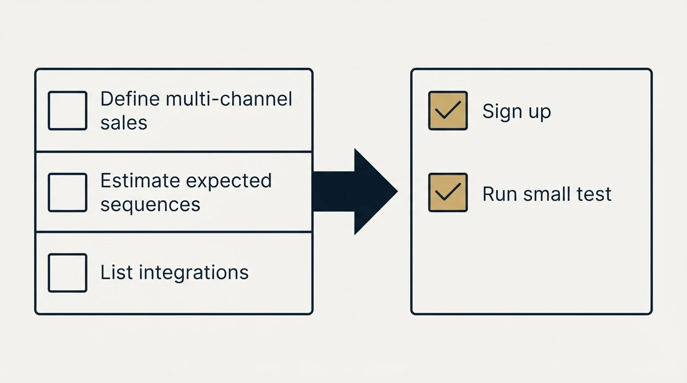 Before-and-after steps: Getting Started Checklist (Define multi-channel sales, Estimate expected sequences, List integrations, Sign up)