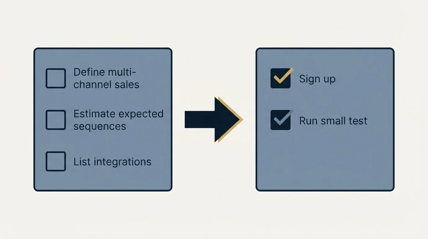 Before-and-after steps: Getting Started Checklist (Define multi-channel sales, Estimate expected sequences, List integrations, Sign up)