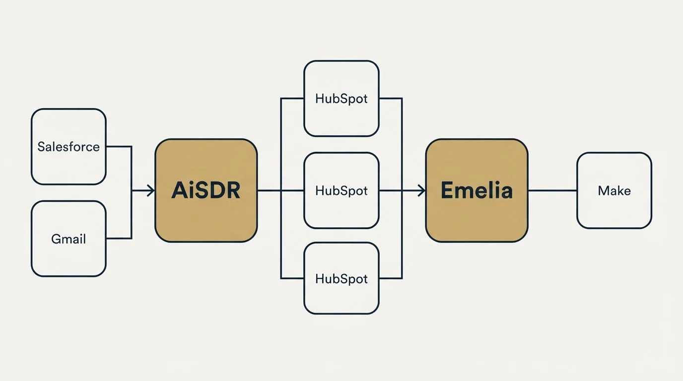 Integration flow: Integration Ecosystem (AiSDR, Emelia, HubSpot, Salesforce)