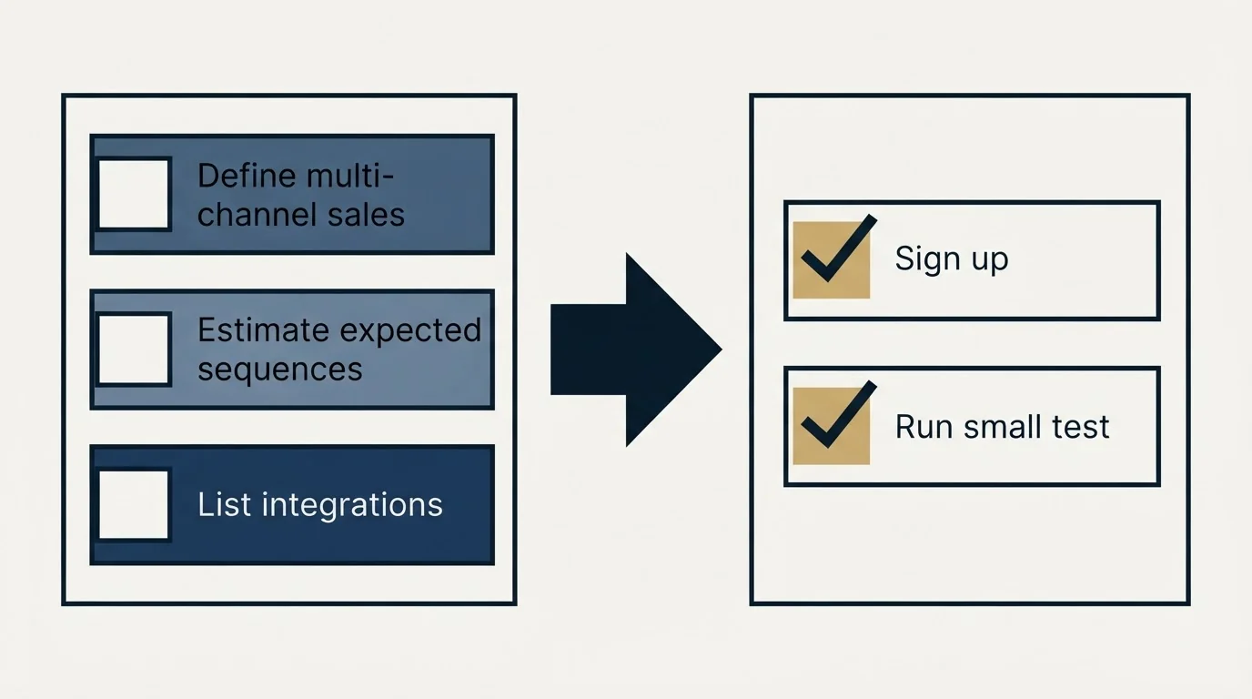 Before-and-after steps: Getting Started Checklist (Define multi-channel sales, Estimate expected sequences, List integrations, Sign up)