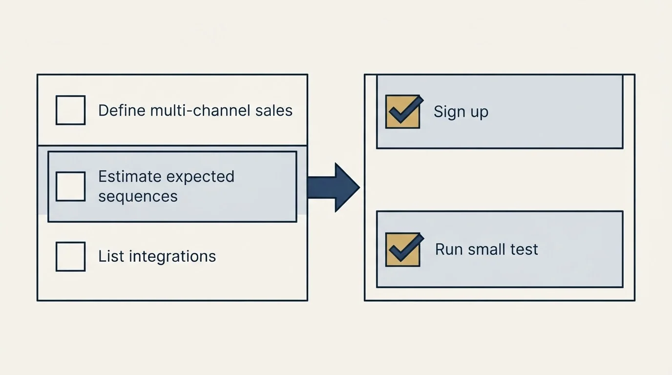 Before-and-after steps: Getting Started Checklist (Define multi-channel sales, Estimate expected sequences, List integrations, Sign up)
