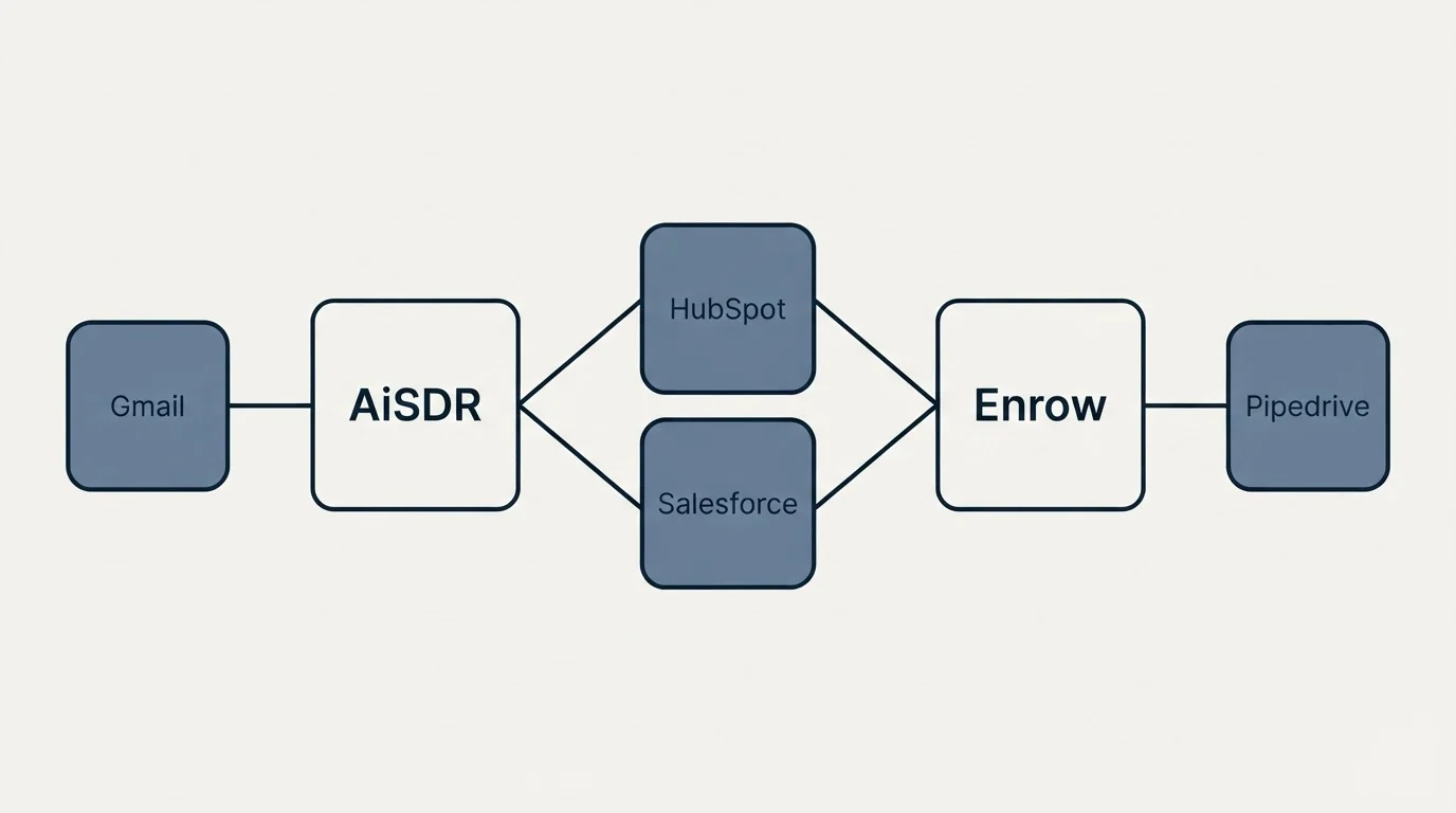 Integration schematic: Integration Ecosystem (AiSDR, Enrow, HubSpot, Salesforce)