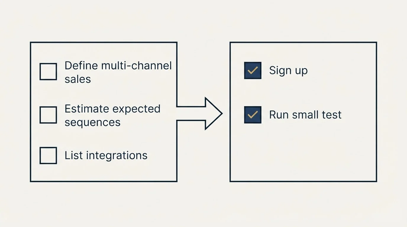 Before-and-after steps: Getting Started Checklist (Define multi-channel sales, Estimate expected sequences, List integrations, Sign up)