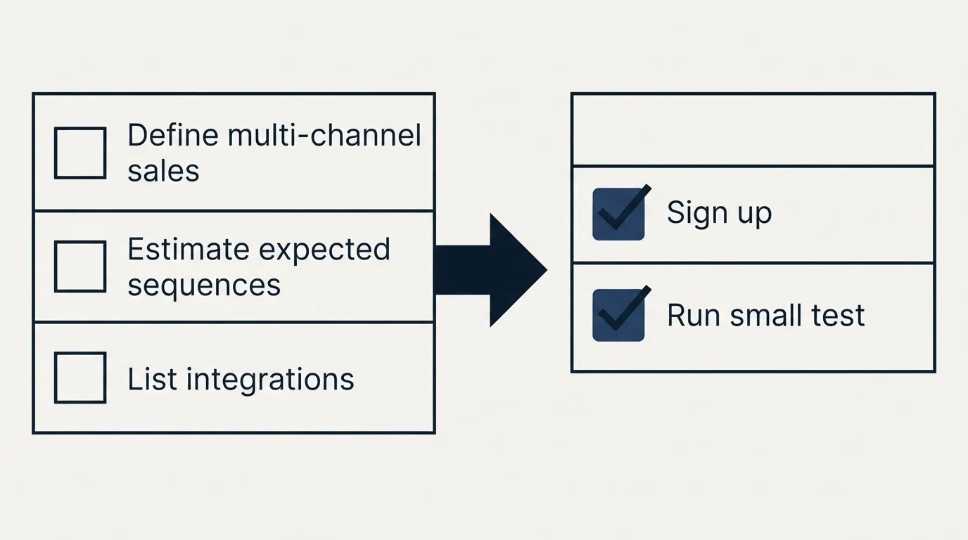 Before-and-after steps: Getting Started Checklist (Define multi-channel sales, Estimate expected sequences, List integrations, Sign up)