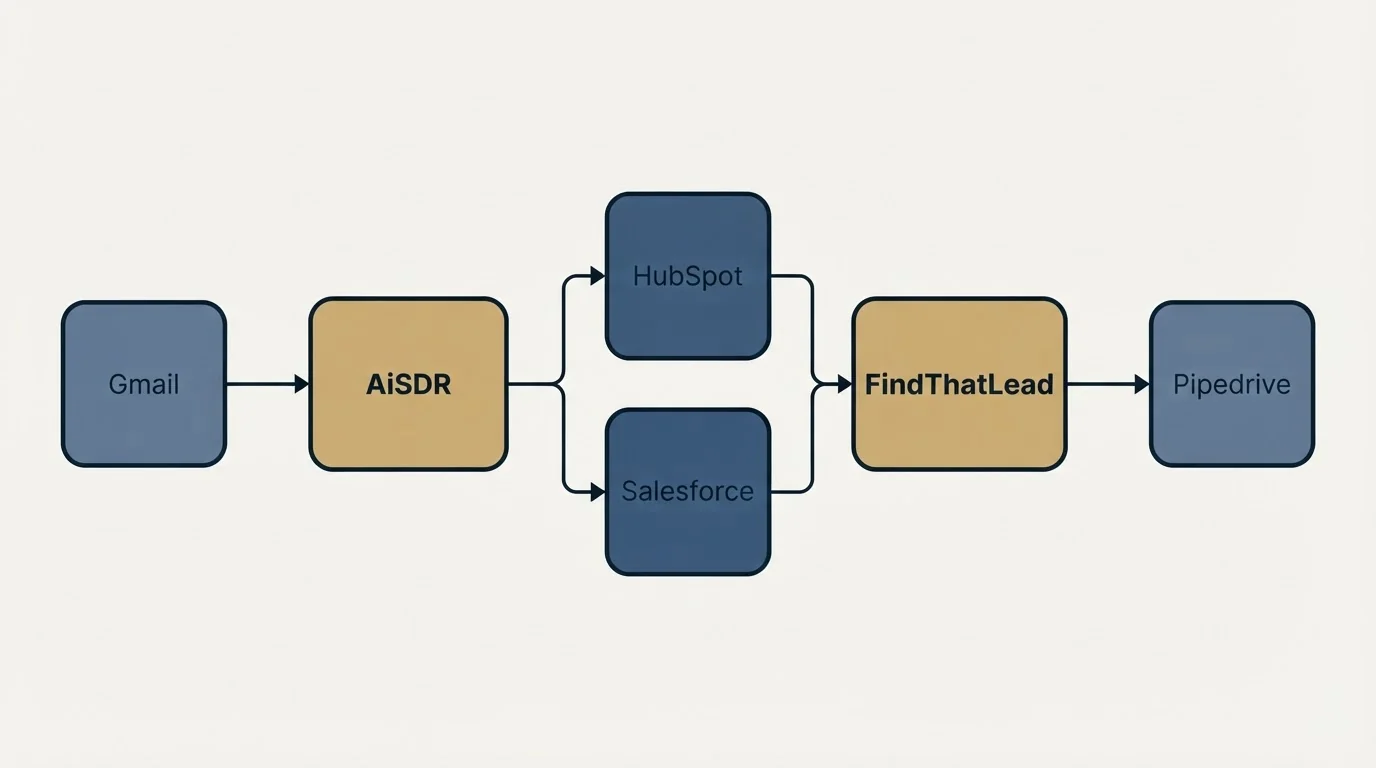 Integration schematic: Integration Ecosystem (AiSDR, FindThatLead, HubSpot, Salesforce)
