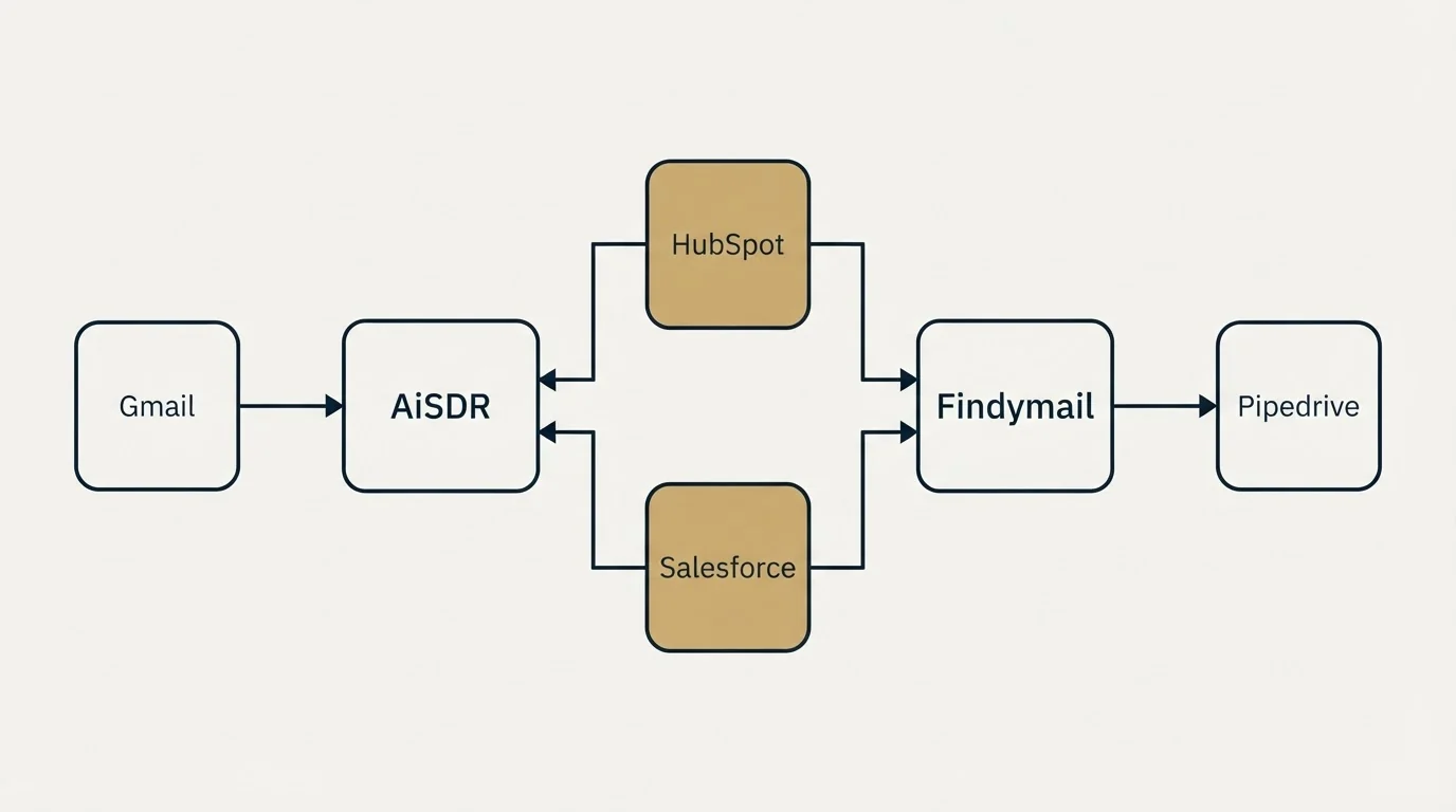 Integration flow: Integration Ecosystem (AiSDR, Findymail, HubSpot, Salesforce)