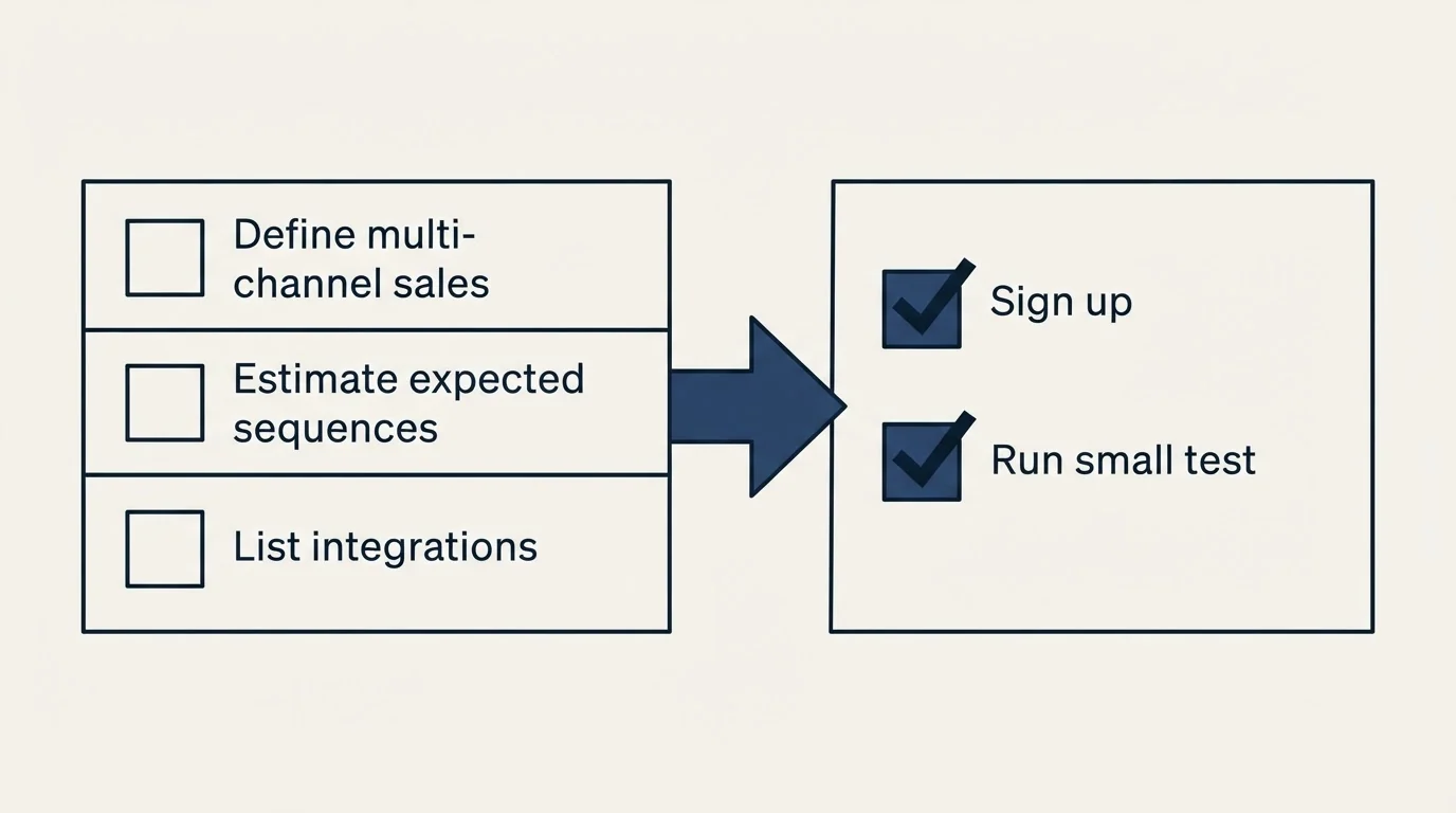 Before-and-after steps: Getting Started Checklist (Define multi-channel sales, Estimate expected sequences, List integrations, Sign up)