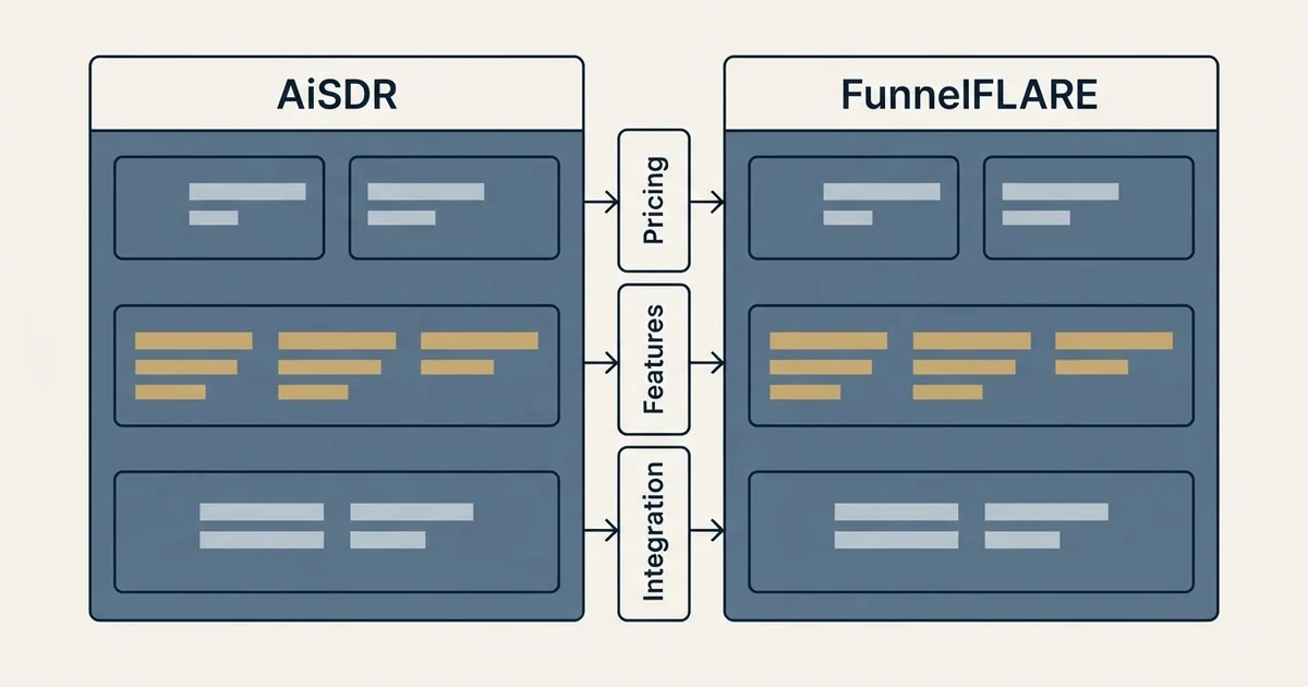 Comparison panel: AiSDR vs FunnelFLARE (Pricing, Features, Integration)