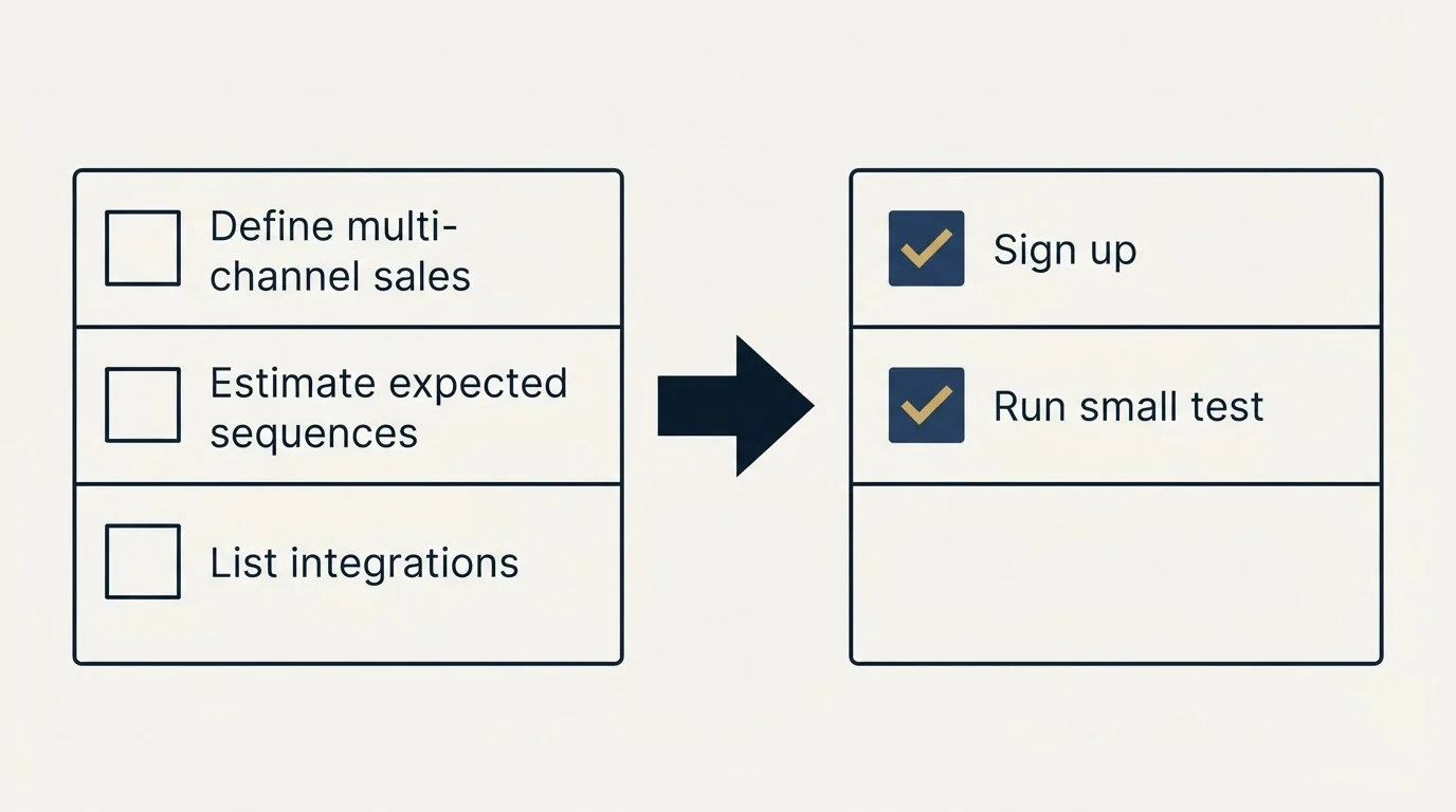 Before-and-after steps: Getting Started Checklist (Define multi-channel sales, Estimate expected sequences, List integrations, Sign up)