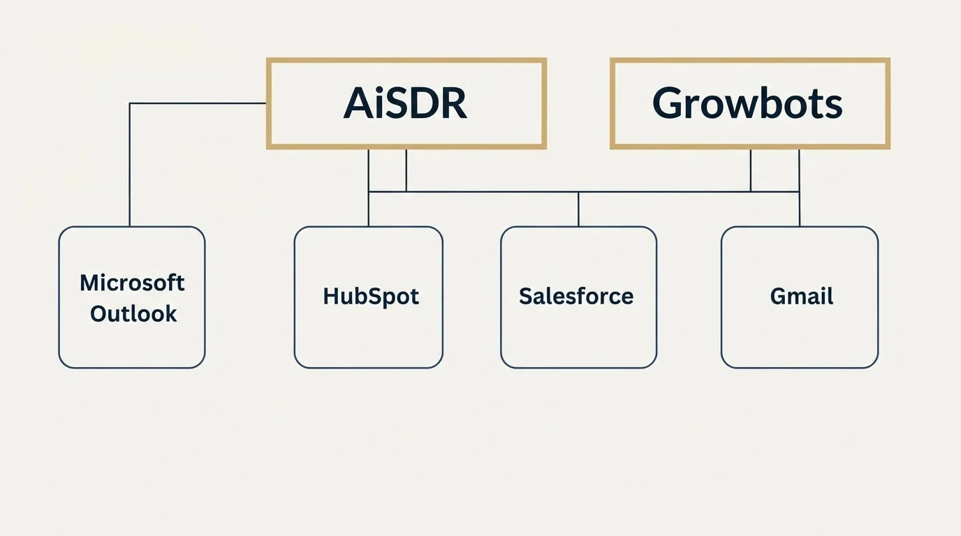 Integration grid: Integration Ecosystem (AiSDR, Growbots, HubSpot, Salesforce)
