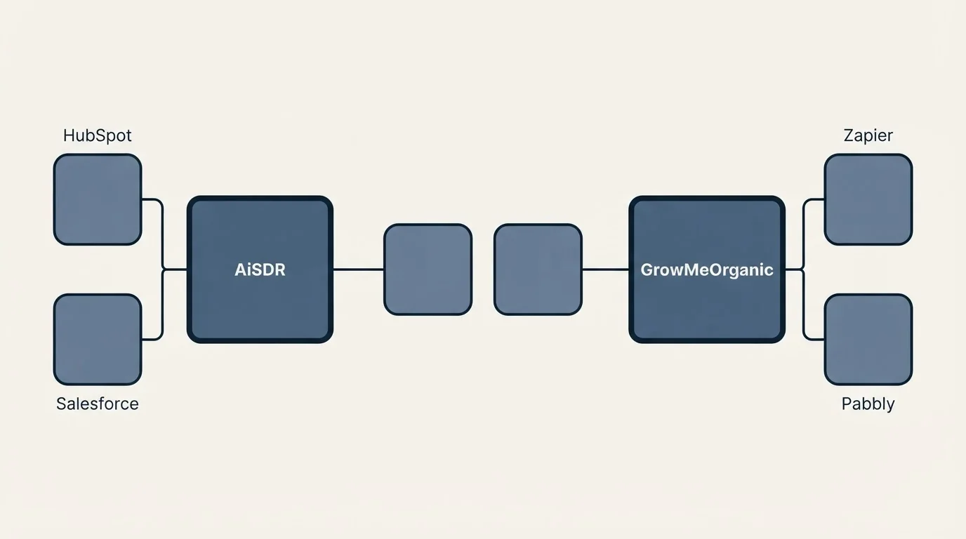 Integration schematic: Integration Ecosystem (AiSDR, GrowMeOrganic, HubSpot, Zapier)