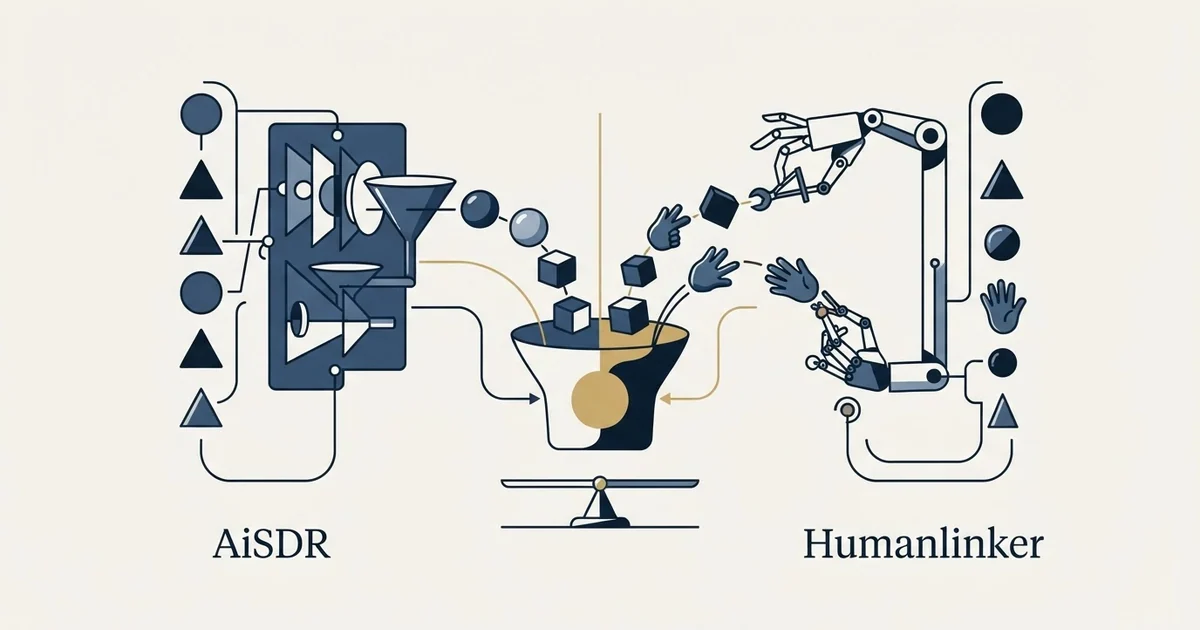 Editorial illustration for AiSDR vs Humanlinker