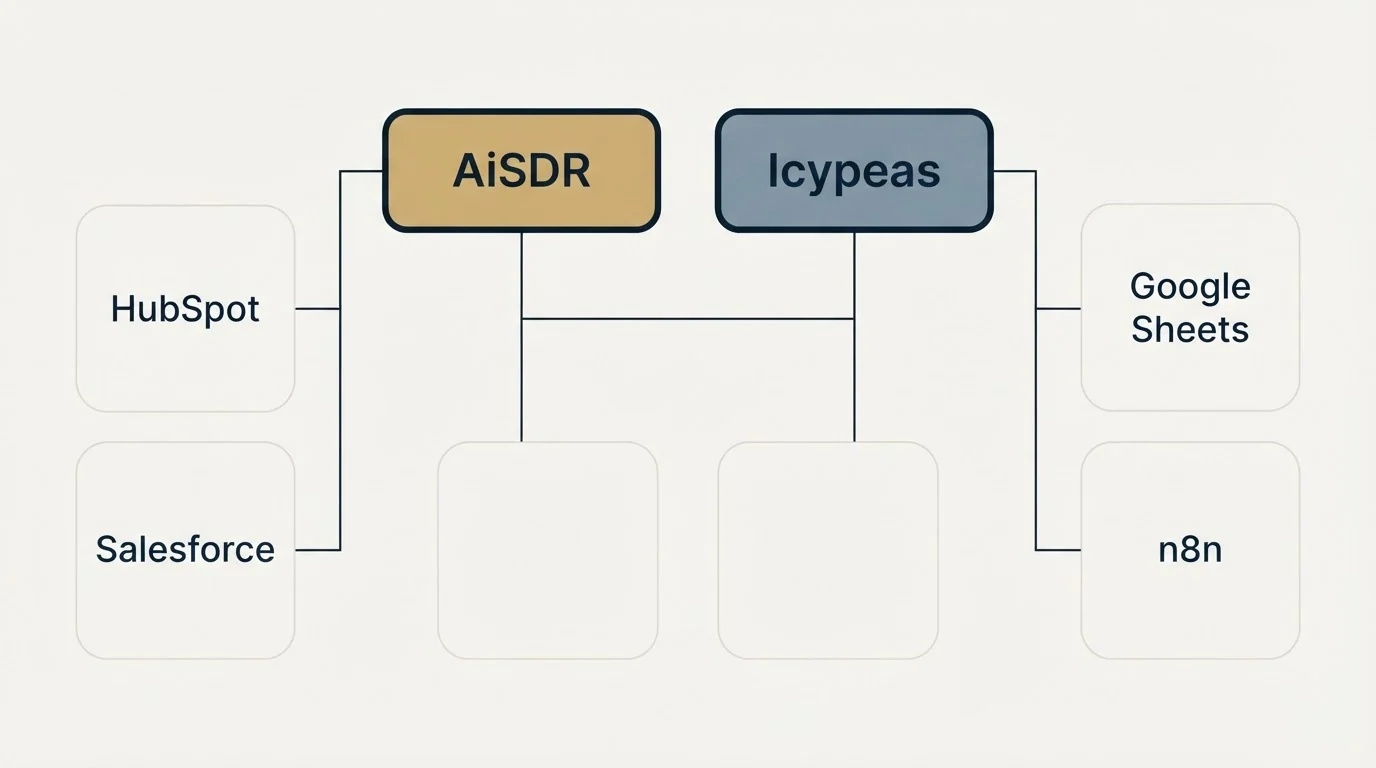 Integration grid: Integration Ecosystem (AiSDR, Icypeas, HubSpot, Google Sheets)