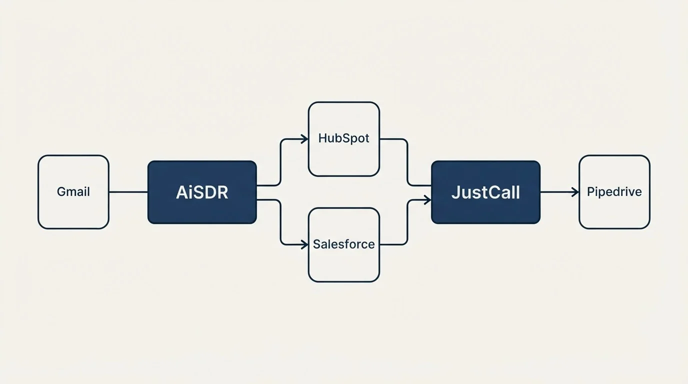 Integration schematic: Integration Ecosystem (AiSDR, JustCall, HubSpot, Salesforce)