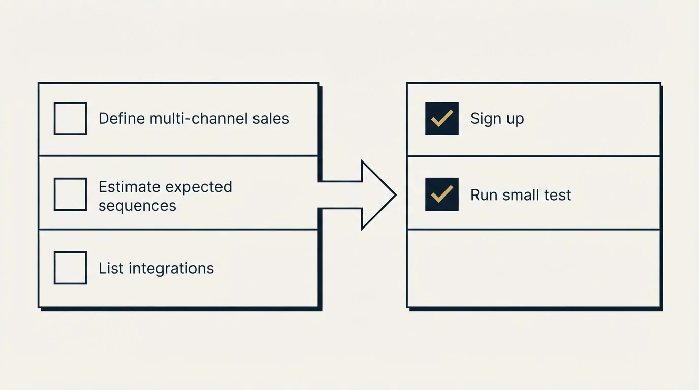 Before-and-after steps: Getting Started Checklist (Define multi-channel sales, Estimate expected sequences, List integrations, Sign up)