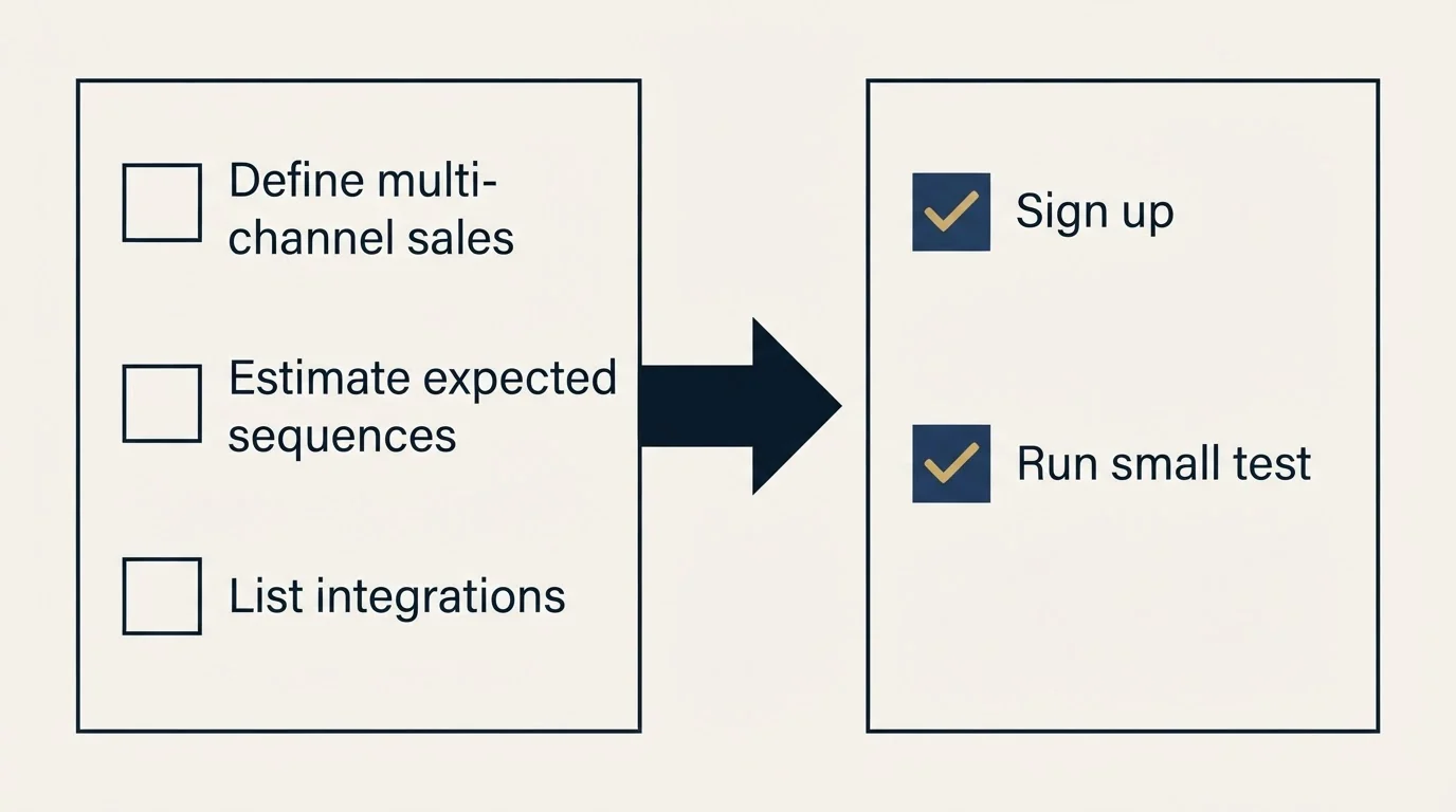 Before-and-after steps: Getting Started Checklist (Define multi-channel sales, Estimate expected sequences, List integrations, Sign up)