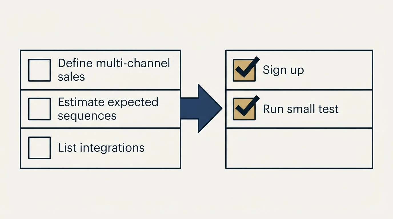 Before-and-after steps: Getting Started Checklist (Define multi-channel sales, Estimate expected sequences, List integrations, Sign up)