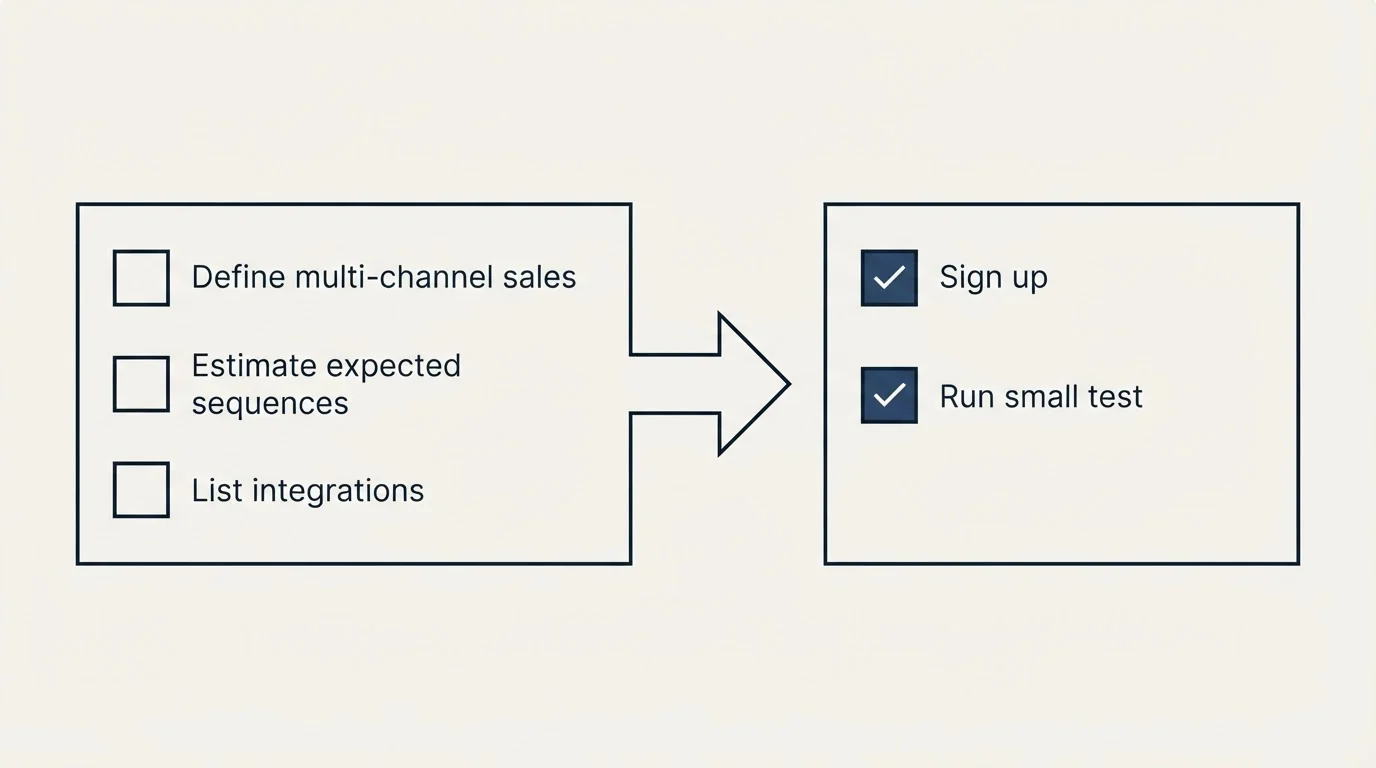 Before-and-after steps: Getting Started Checklist (Define multi-channel sales, Estimate expected sequences, List integrations, Sign up)