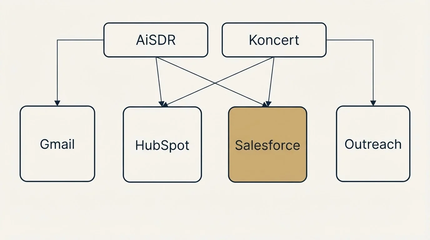 Integration grid: Integration Ecosystem (AiSDR, Koncert, HubSpot, Salesforce)