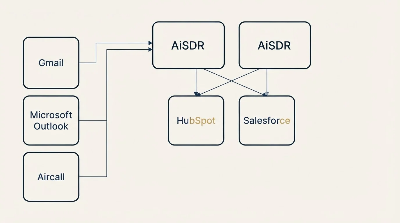 Integration grid: Integration Ecosystem (AiSDR, HubSpot, Salesforce, Gmail)