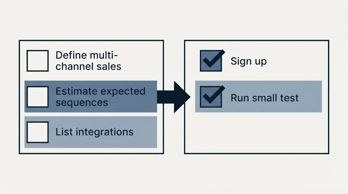 Before-and-after steps: Getting Started Checklist (Define multi-channel sales, Estimate expected sequences, List integrations, Sign up)