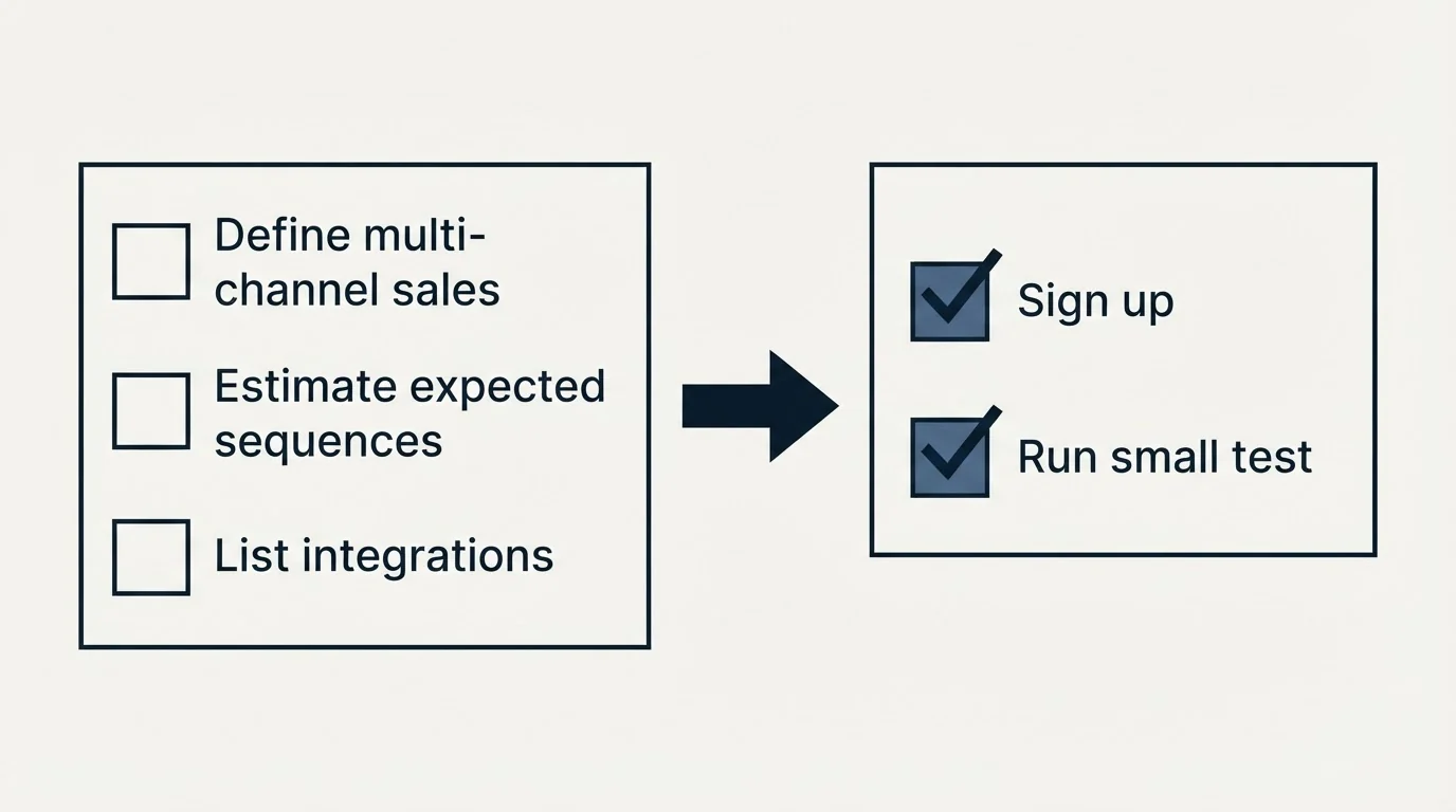 Before-and-after steps: Getting Started Checklist (Define multi-channel sales, Estimate expected sequences, List integrations, Sign up)