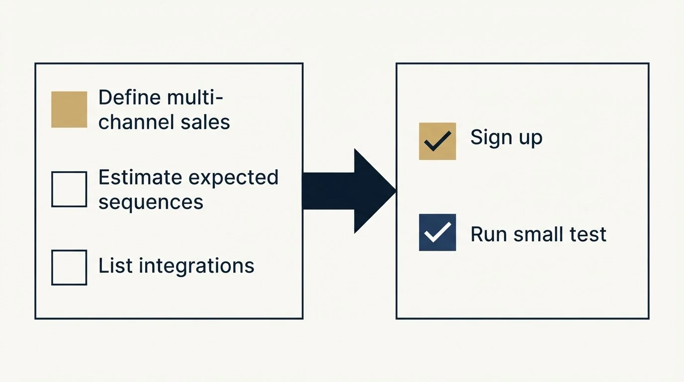 Before-and-after steps: Getting Started Checklist (Define multi-channel sales, Estimate expected sequences, List integrations, Sign up)
