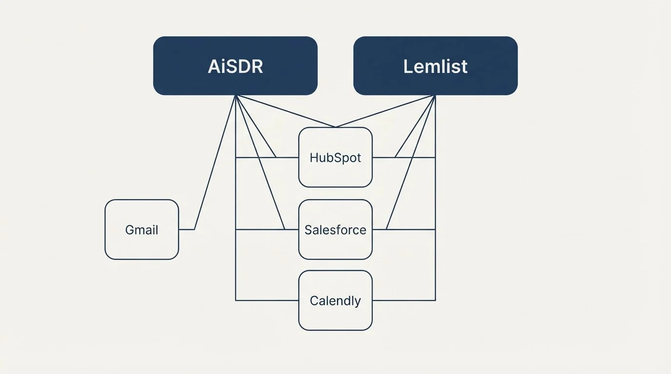Integration grid: Integration Ecosystem (AiSDR, Lemlist, HubSpot, Salesforce)