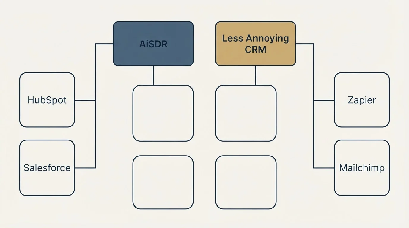 Integration grid: Integration Ecosystem (AiSDR, Less Annoying CRM, HubSpot, Zapier)