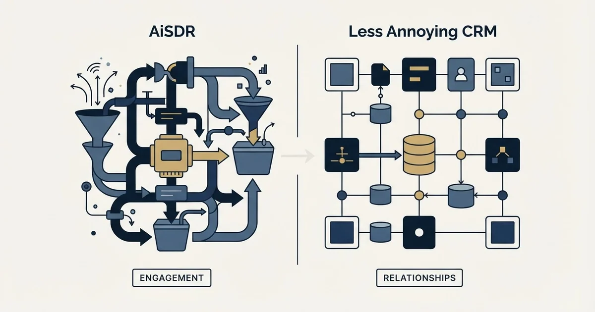 Editorial illustration for AiSDR vs Less Annoying CRM