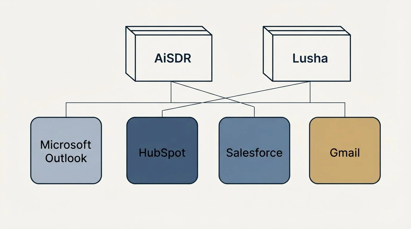Integration grid: Integration Ecosystem (AiSDR, Lusha, HubSpot, Salesforce)