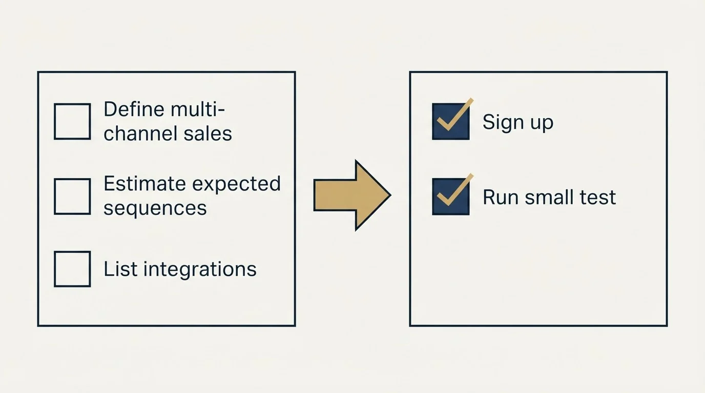 Before-and-after steps: Getting Started Checklist (Define multi-channel sales, Estimate expected sequences, List integrations, Sign up)