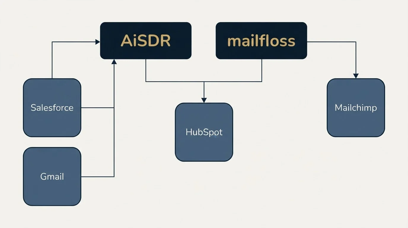 Integration grid: Integration Ecosystem (AiSDR, mailfloss, HubSpot, Salesforce)