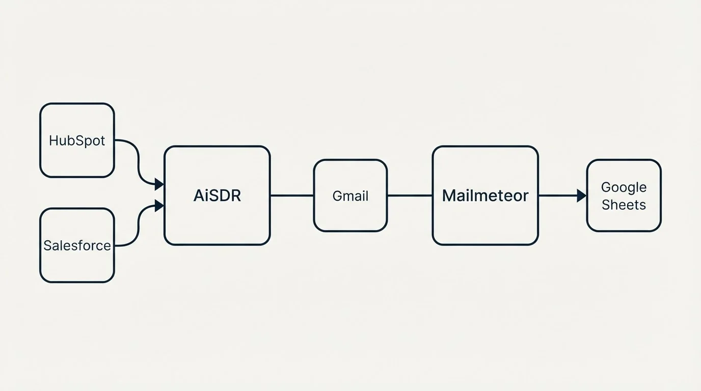 Integration schematic: Integration Ecosystem (AiSDR, Mailmeteor, Gmail, HubSpot)