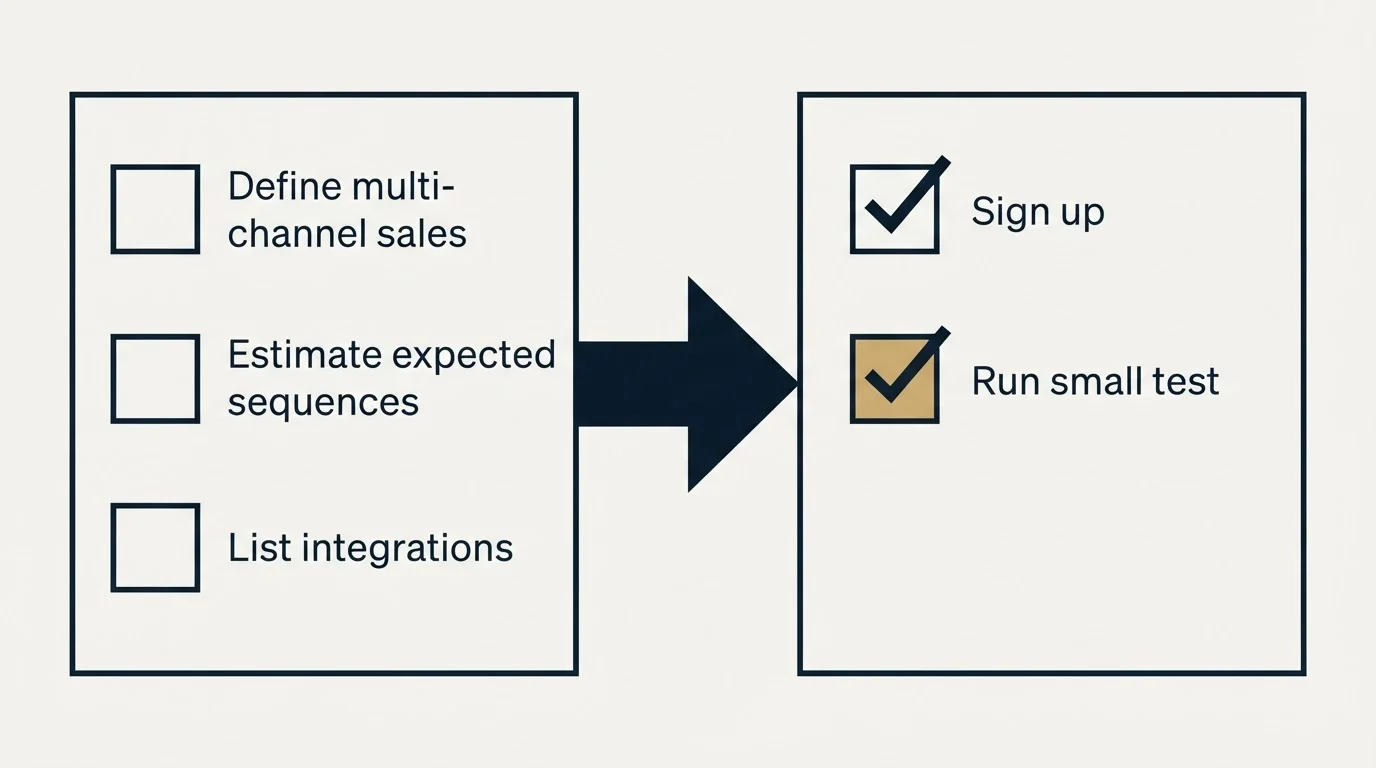 Before-and-after steps: Getting Started Checklist (Define multi-channel sales, Estimate expected sequences, List integrations, Sign up)