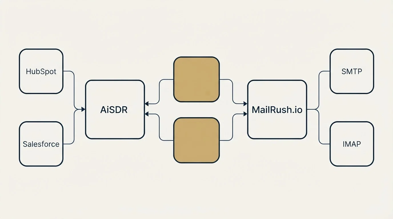 Integration schematic: Integration Ecosystem (AiSDR, MailRush.io, HubSpot, SMTP)