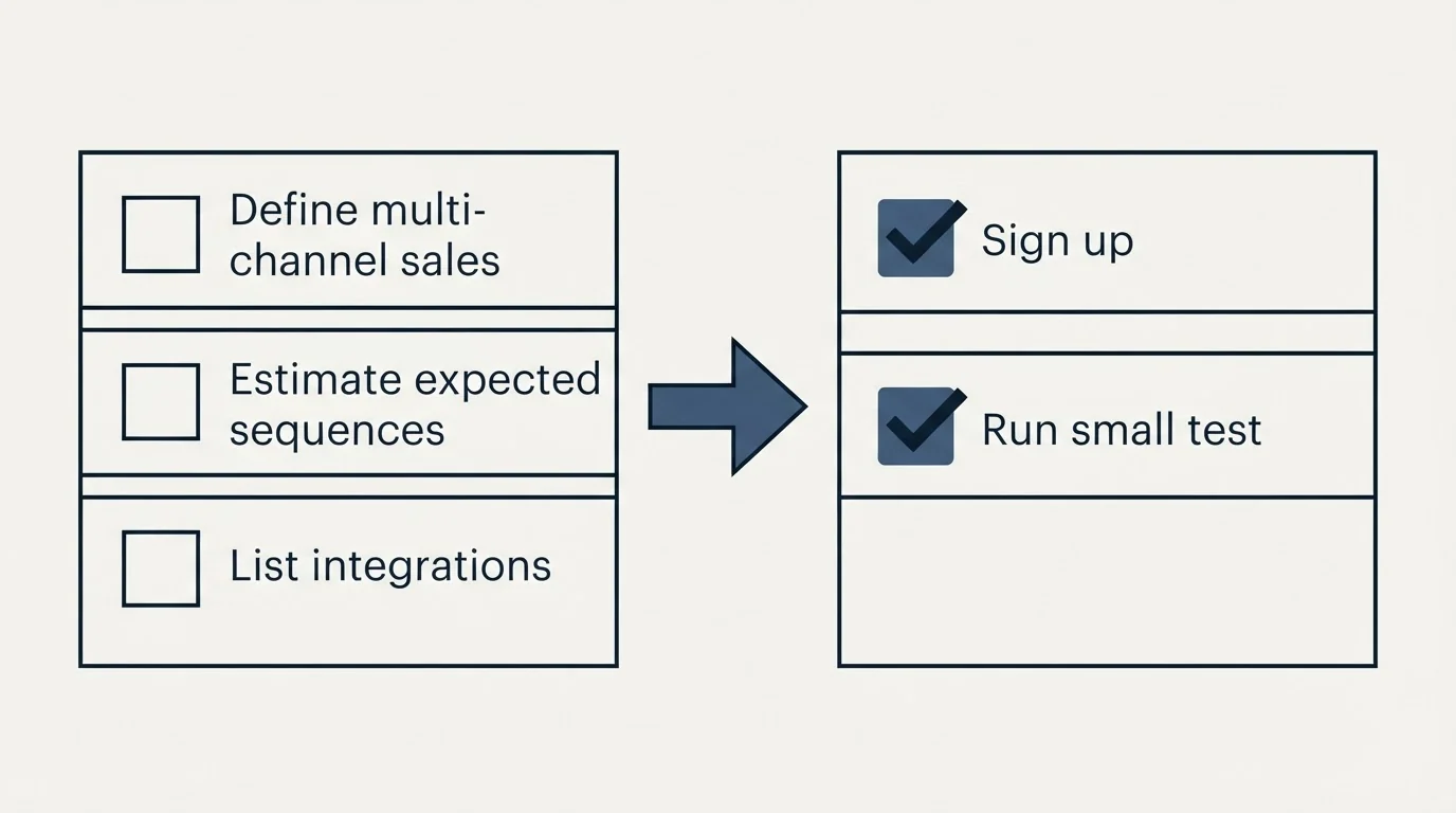 Before-and-after steps: Getting Started Checklist (Define multi-channel sales, Estimate expected sequences, List integrations, Sign up)
