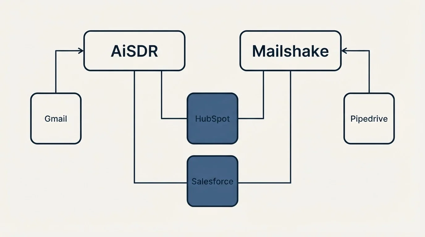 Integration grid: Integration Ecosystem (AiSDR, Mailshake, HubSpot, Salesforce)