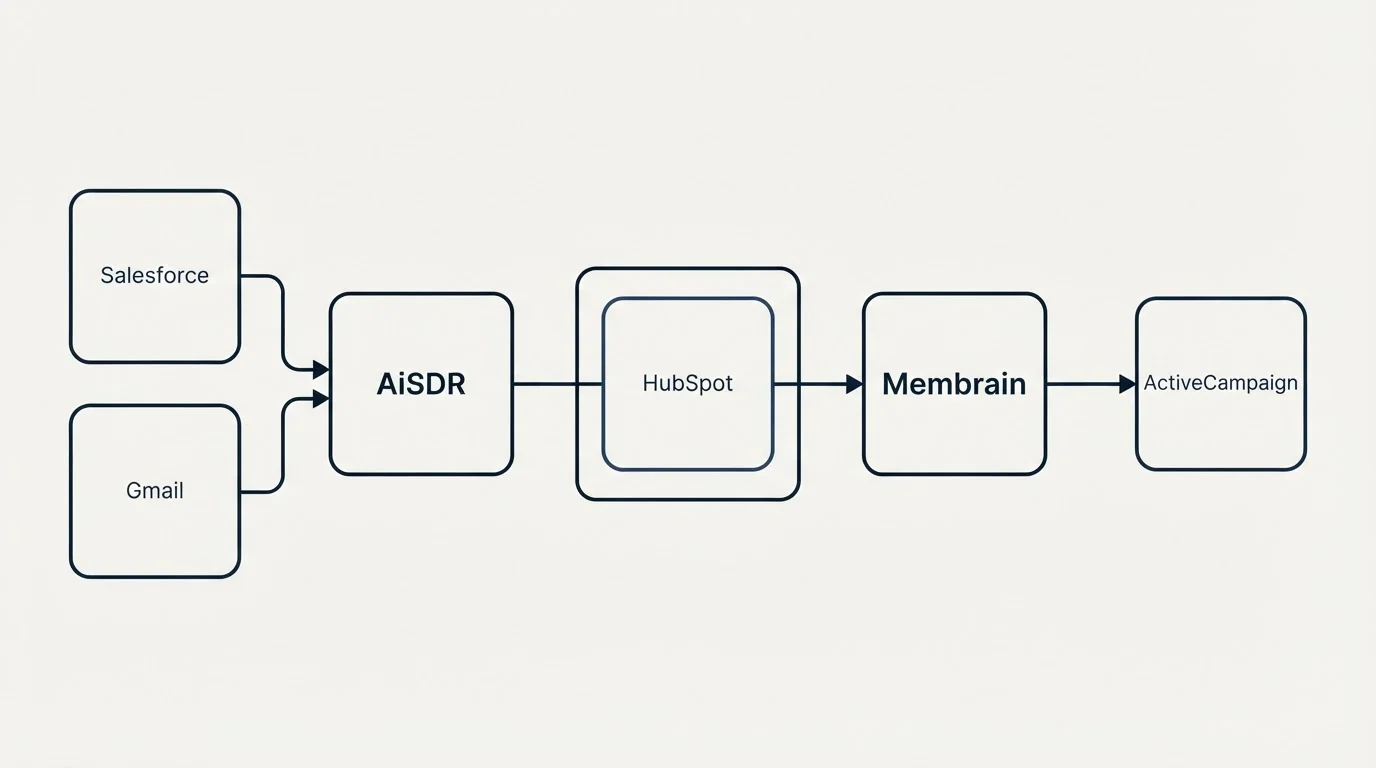 Integration schematic: Integration Ecosystem (AiSDR, Membrain, HubSpot, Salesforce)