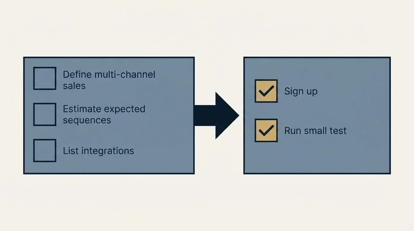 Before-and-after steps: Getting Started Checklist (Define multi-channel sales, Estimate expected sequences, List integrations, Sign up)