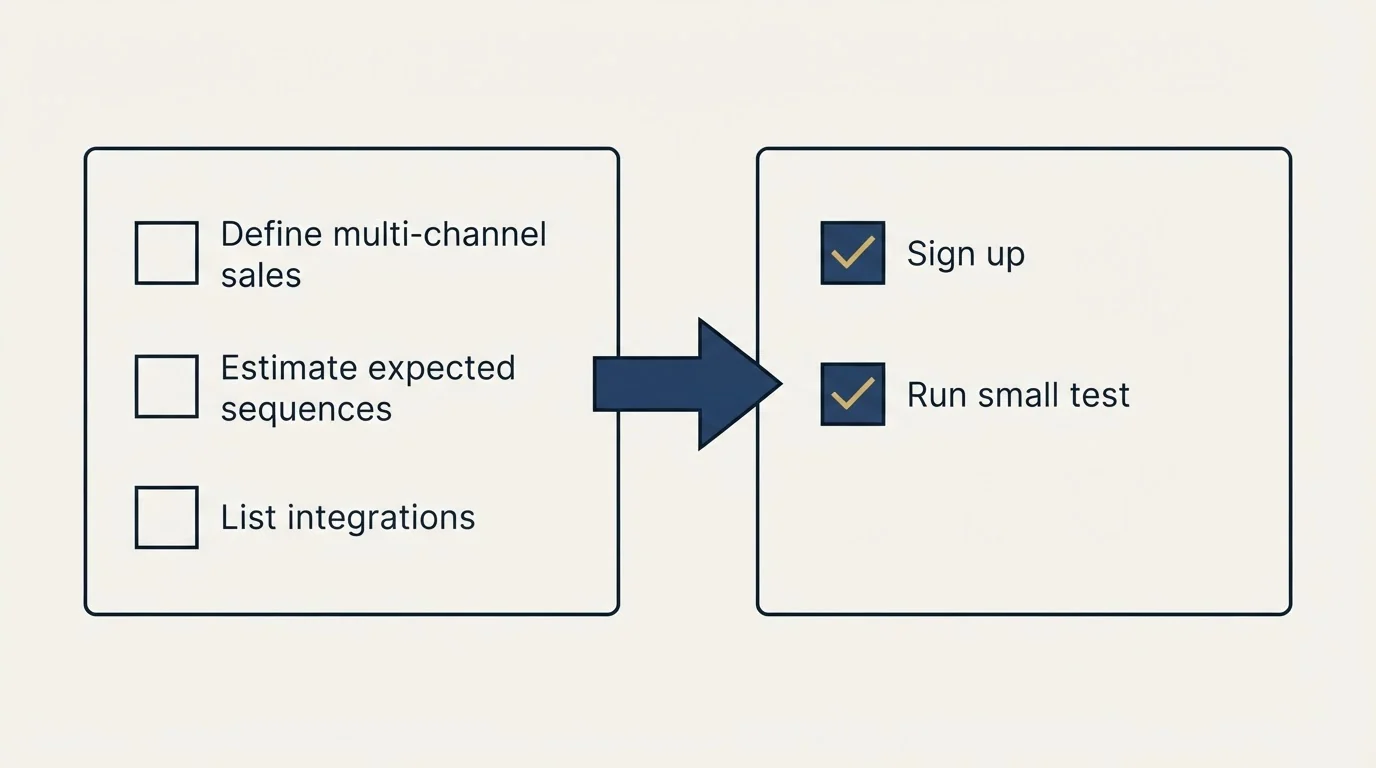 Before-and-after steps: Getting Started Checklist (Define multi-channel sales, Estimate expected sequences, List integrations, Sign up)