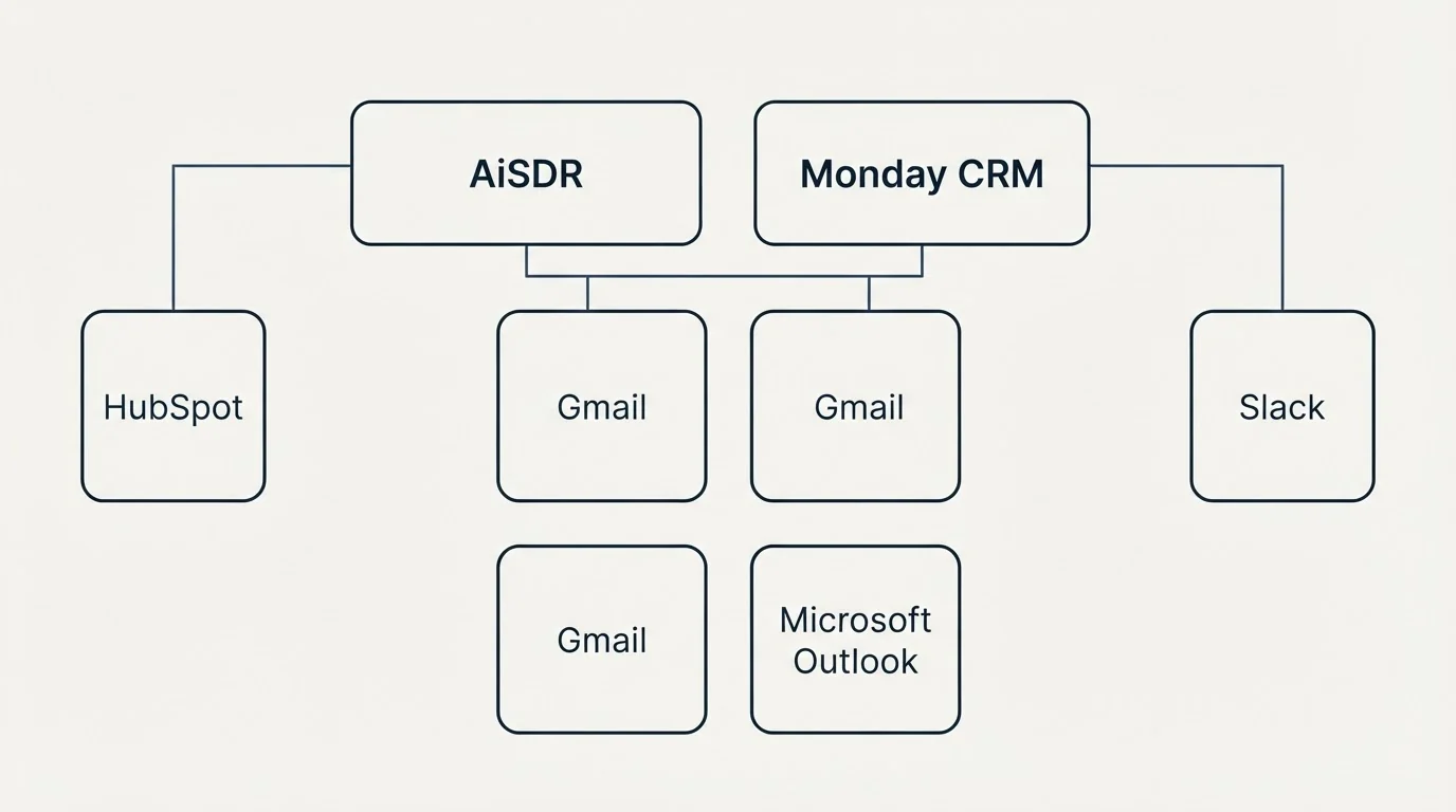 Integration grid: Integration Ecosystem (AiSDR, Monday CRM, Gmail, Microsoft Outlook)