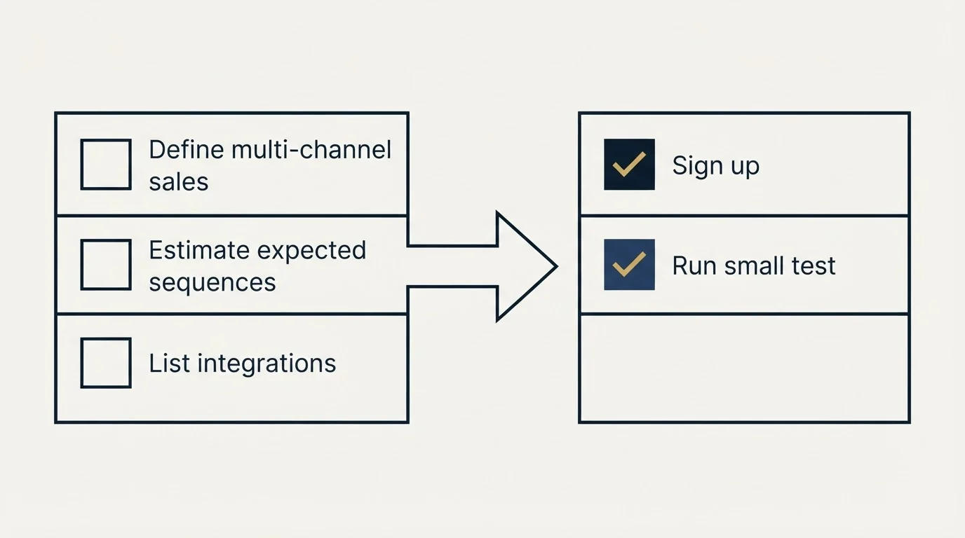 Before-and-after steps: Getting Started Checklist (Define multi-channel sales, Estimate expected sequences, List integrations, Sign up)