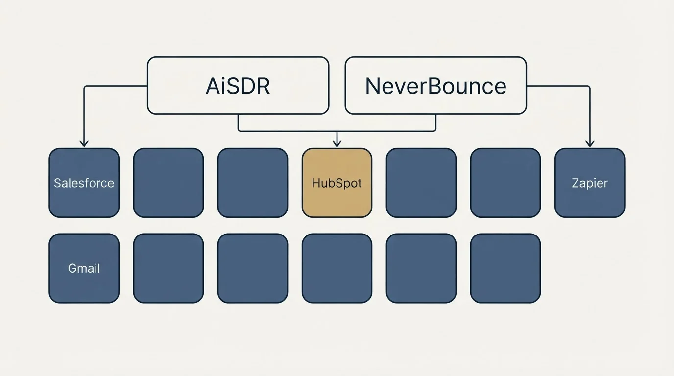 Integration grid: Integration Ecosystem (AiSDR, NeverBounce, HubSpot, Salesforce)