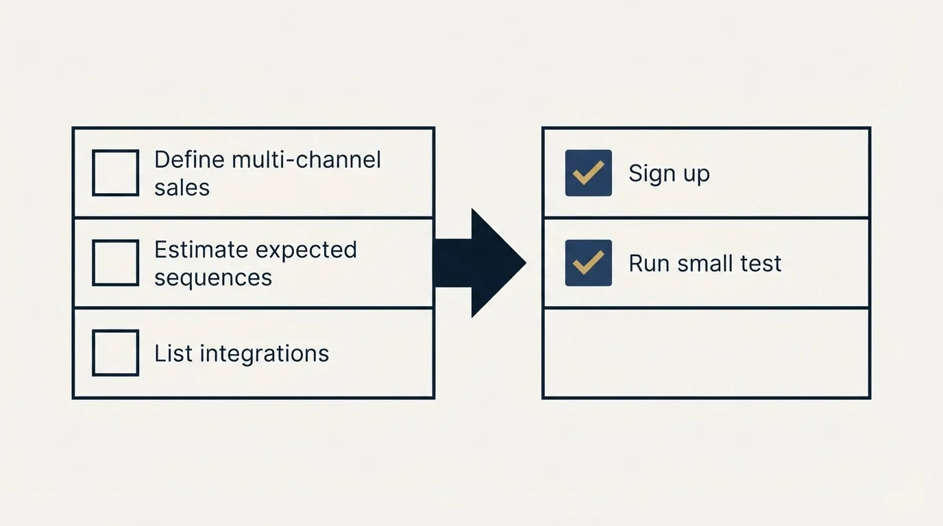 Before-and-after steps: Getting Started Checklist (Define multi-channel sales, Estimate expected sequences, List integrations, Sign up)