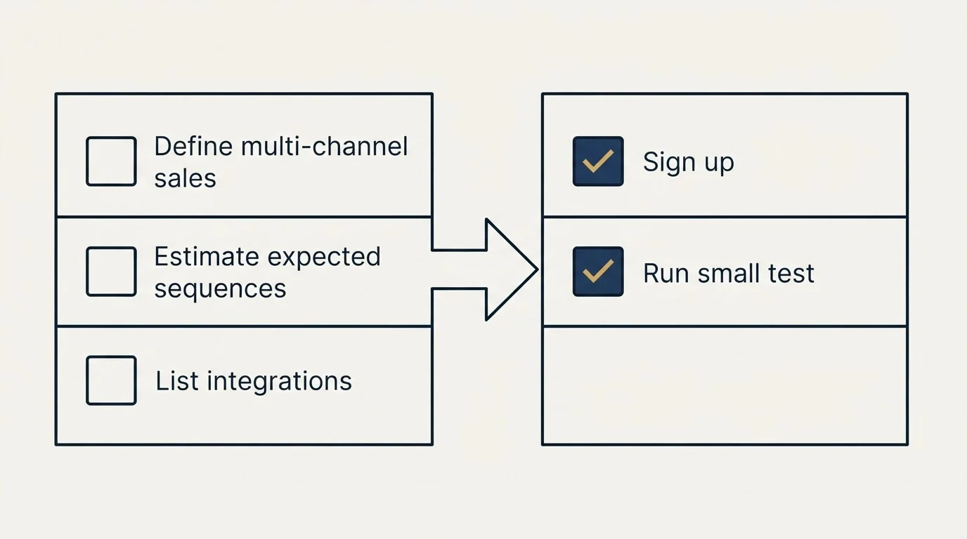 Before-and-after steps: Getting Started Checklist (Define multi-channel sales, Estimate expected sequences, List integrations, Sign up)